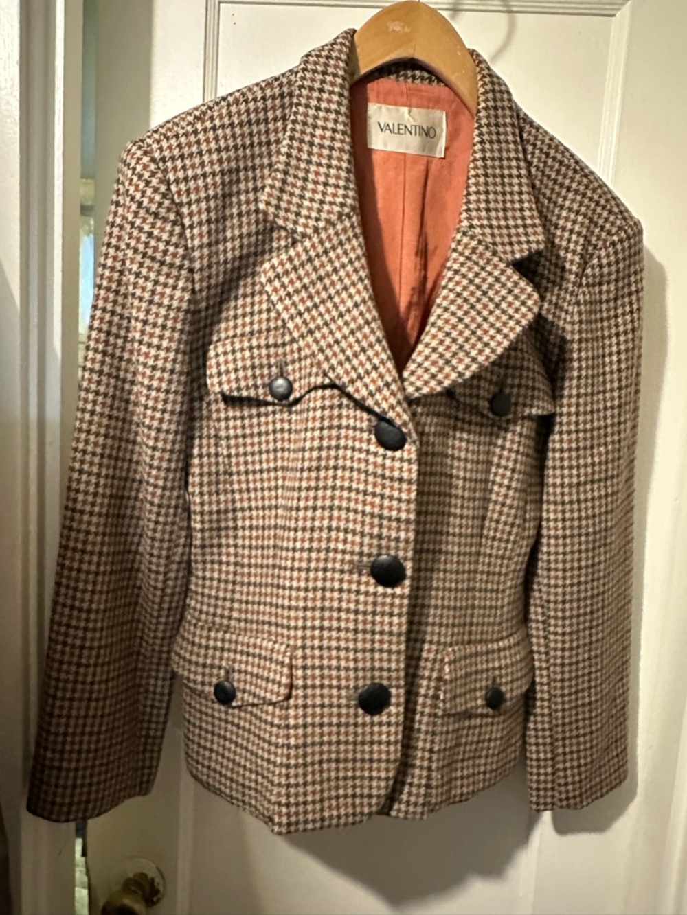 Valentino Women’s Brown plaid  Wool Blazer with leather buttons